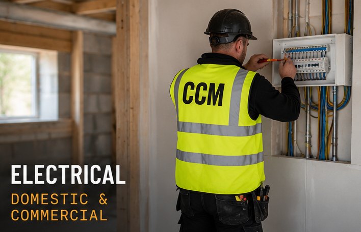 Electrician in a CCM hi-vis vest wiring a consumer unit. Electrical: domestic and commercial